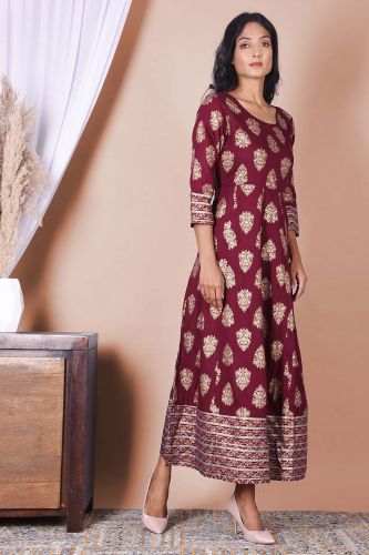 Maroon and Golden Printed Long Rayon Kurta