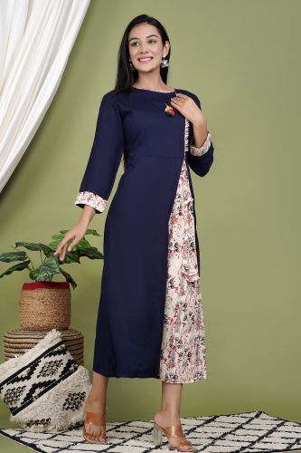 Navy Blue A-Line Long Rayon Kurta