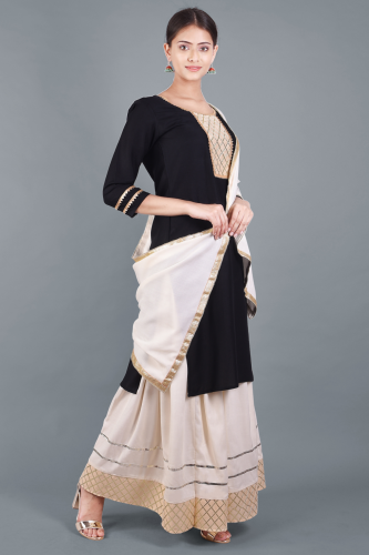 Solid Black Kurta with Off-white Skirt Dupatta Set