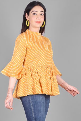 Mustard Leheriya Printed Flared Cotton Top
