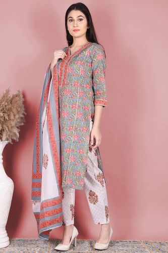 Grey Floral Printed Cotton Kurta with Printed Palazzo and a Dupatta Set