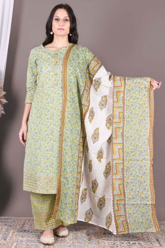 Green Printed Cotton Kurta with Palazzo and a Dupatta