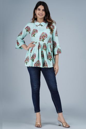 Blue Ethnic Printed Flared Rayon Top