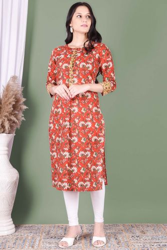 Orange Floral Printed Straight Cotton Kurta