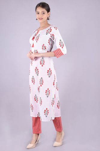 White and Red Printed A-Line Kurta With Palazzo Pants