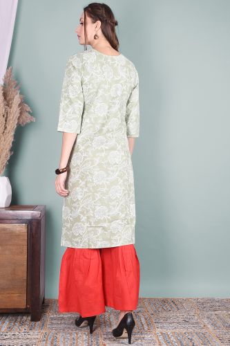 Handwork Pista Green Cotton Kurta with Red Printed Sharara