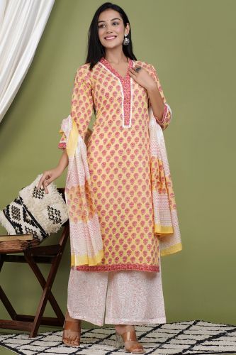 Yellow and White Cotton Printed Straight-Fit Kurta Palazzo with Dupatta