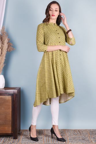 Green Floral Printed Flared A-Line Cotton Kurta