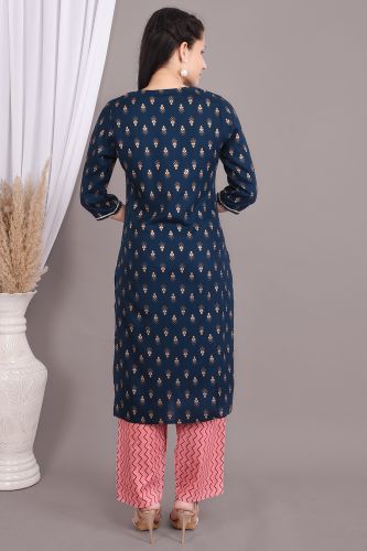 Blue Rayon Ethnic Printed Embroidered Kurta With Palazzo