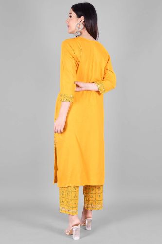 Ethnic Mustard Heavy Embroidered Kurta with Palazzo and Dupatta Set