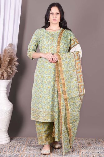 Green Printed Cotton Kurta with Palazzo and a Dupatta