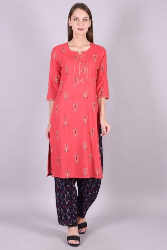 Gold Printed Pink Rayon Kurta with Handwork & Gold Printed Palazzo