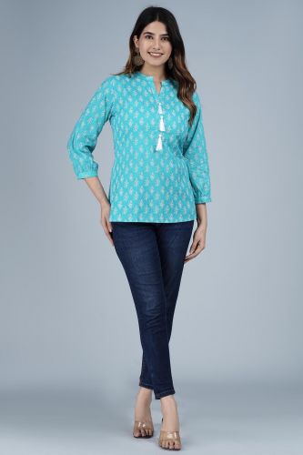 Blue Ethnic Printed Straight Cotton Top