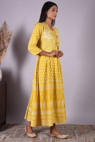 Yellow Printed Long Cotton Kurti with Embroidered Jacket