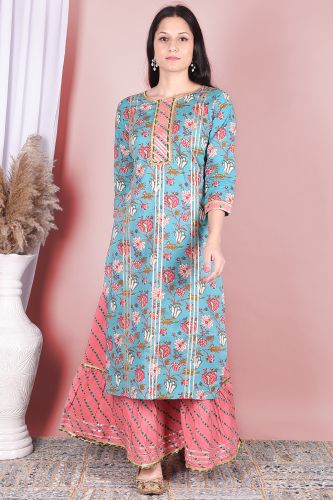 Floral Light Blue Cotton Kurta with Printed Sharara