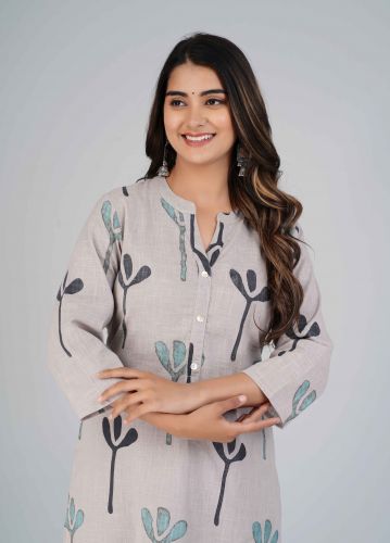 Grey Abstract Printed Straight Cotton Kurta