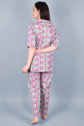 Light Purple Rose Printed Cotton Night Suit