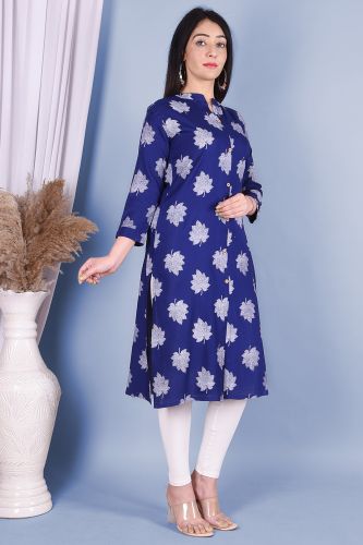 Royal Blue Leaf Print Straight Rayon Kurta