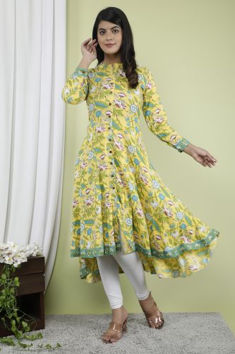 Mustard floral Printed A-Line Flared Cotton Kurta