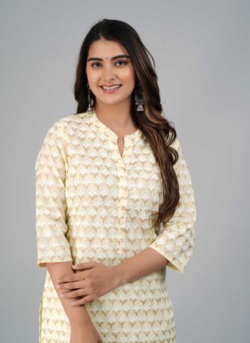 Yellow Flower Printed Straight Cotton Kurta