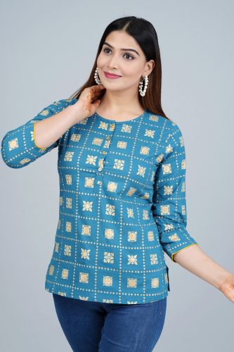 Blue Gold Printed Casual Rayon Top