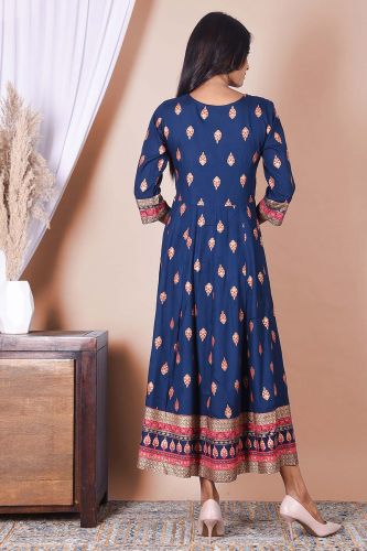 Royal Blue & Golden Printed Rayon A-Line Kurta