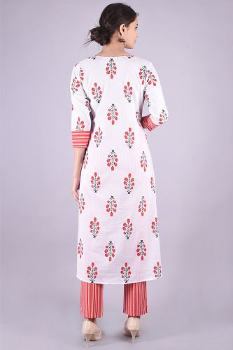 White and Red Printed A-Line Kurta With Palazzo Pants