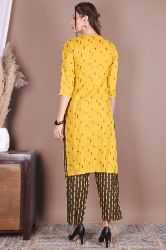 Mustard Printed Straight Rayon Kurta With Printed Pant