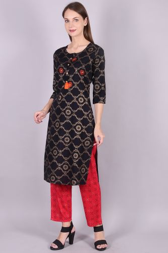 Black & Gold Printed Rayon Kurta With Printed Palazzo