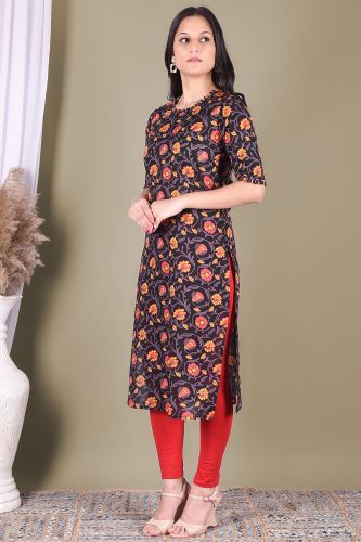 Black Floral Printed Cotton Kurta