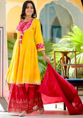 Premium Rayon Yellow & Red Printed Flared Kurta with Printed Sharara and Dupatta