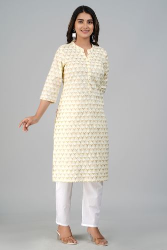 Yellow Flower Printed Straight Cotton Kurta