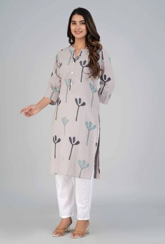 Grey Abstract Printed Straight Cotton Kurta