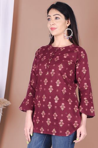 Burgundy Ethnic Printed Cotton Top