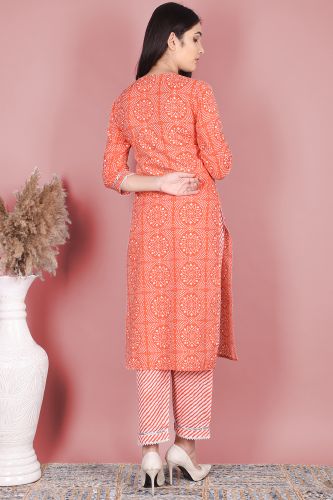 Premium Cotton Orange and White Cotton Printed Straight-Fit Kurta Palazzo with Dupatta