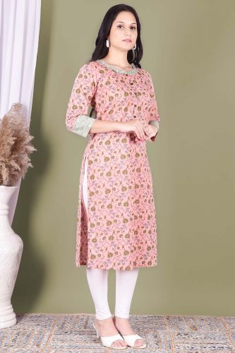 Light Pink Printed Straight Cotton Kurta