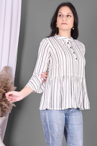 Grey & White Stripe Printed Flared Cotton Top