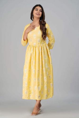 Yellow Flower Printed A-Line Cotton Kurti