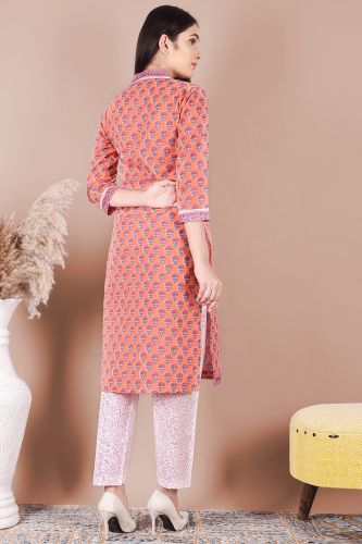 Peach and White Cotton Printed Straight-Fit Kurta Palazzo with Dupatta