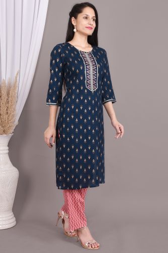 Blue Rayon Ethnic Printed Embroidered Kurta With Palazzo