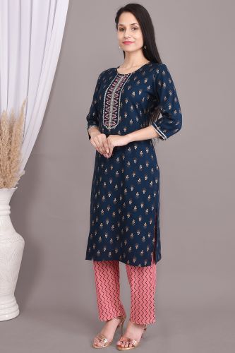 Blue Rayon Ethnic Printed Embroidered Kurta With Palazzo