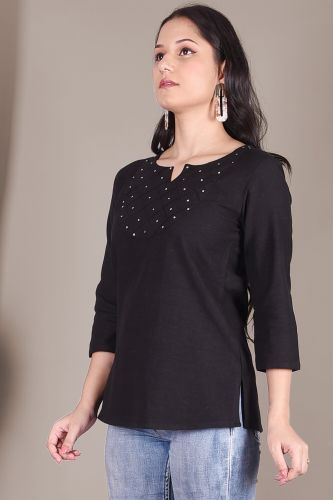 Solid Black Cotton Top With Handwork