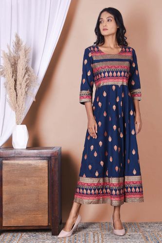 Royal Blue & Golden Printed Rayon A-Line Kurta