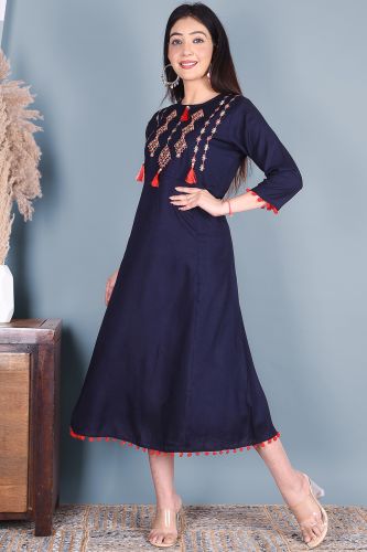 Solid Navy Blue Embroidered Rayon A-Line Kurta
