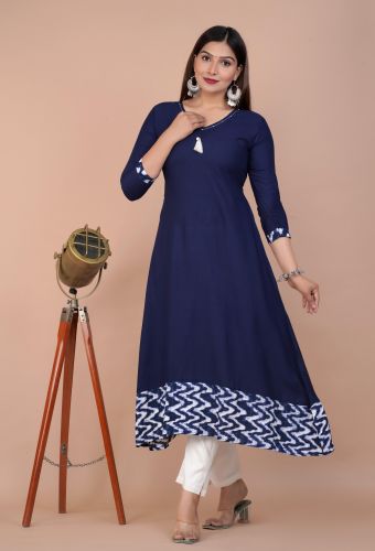 Blue Solid Flared A-Line Rayon Kurta