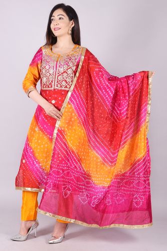 Cotton Silk Bandhej Heavy Embroidered Kurta with Trouser and Dupatta