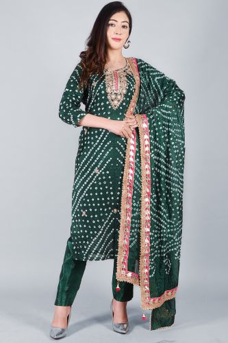 Cotton Silk Bottle Green Bandhej Heavy Embroidery Kurta with Trouser and Dupatta