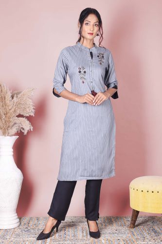 Grey & Black Striped EmbroideGrey Kurta With Black Solid Pant