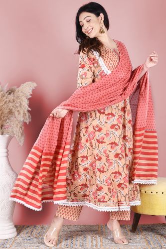 Peach Printed Anarkali Kurta With Printed Palazzo & Dupatta