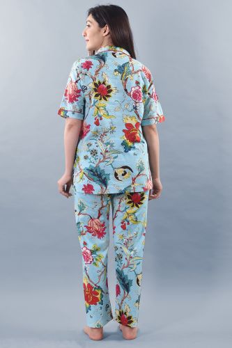 Blue Floral Printed Cotton Night Suit